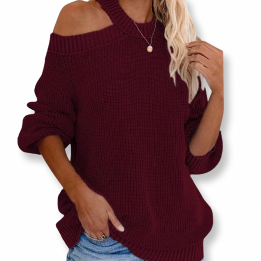 Wine Off The Shoulder Sweater